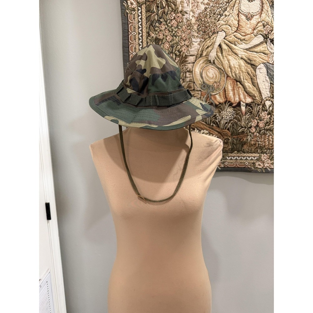 US Army Boonie Hat‎ Mens 7 1/4 Green Woodland Camo Chin Strap Wide Brim Made USA